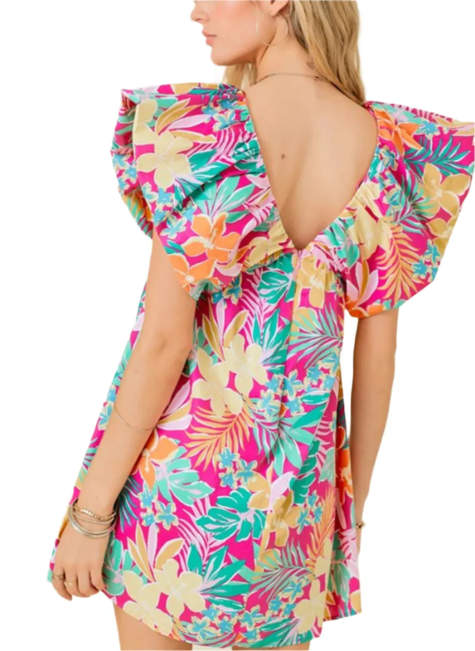 Vacation Tropical print v- neck mini dress