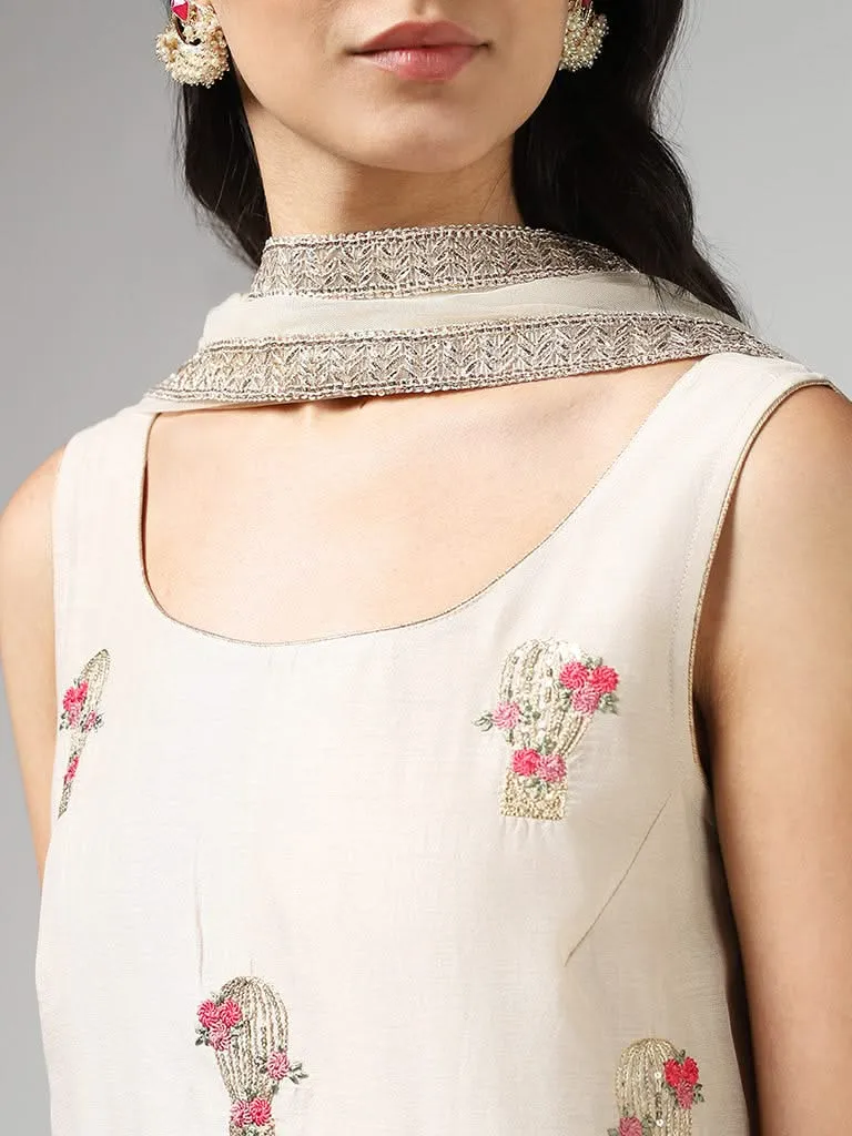 Vark Floral Embroidered Beige Kurta with Sharara & Dupatta