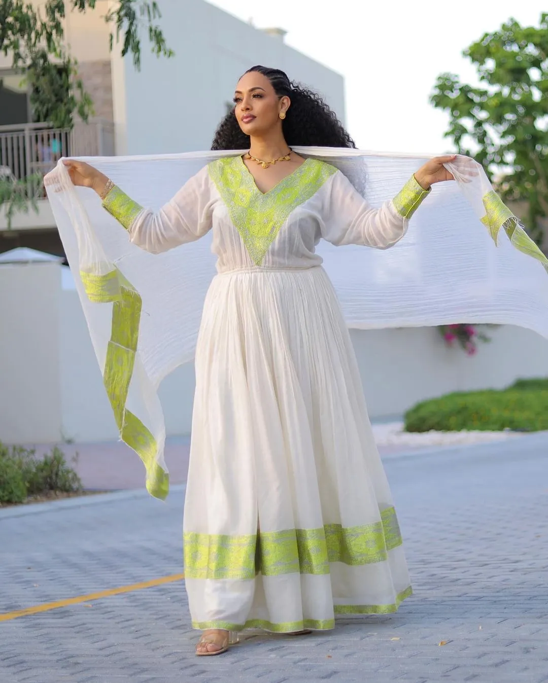 Vibrant Lemon Green Habesha Dress Modern Ethiopian Dress