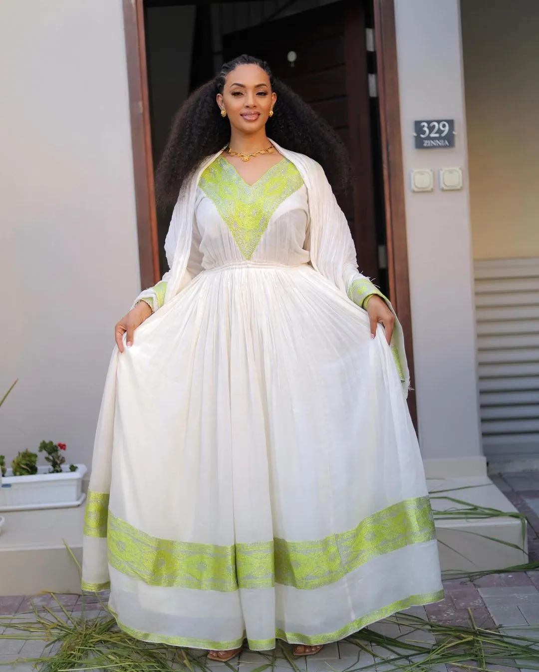 Vibrant Lemon Green Habesha Dress Modern Ethiopian Dress