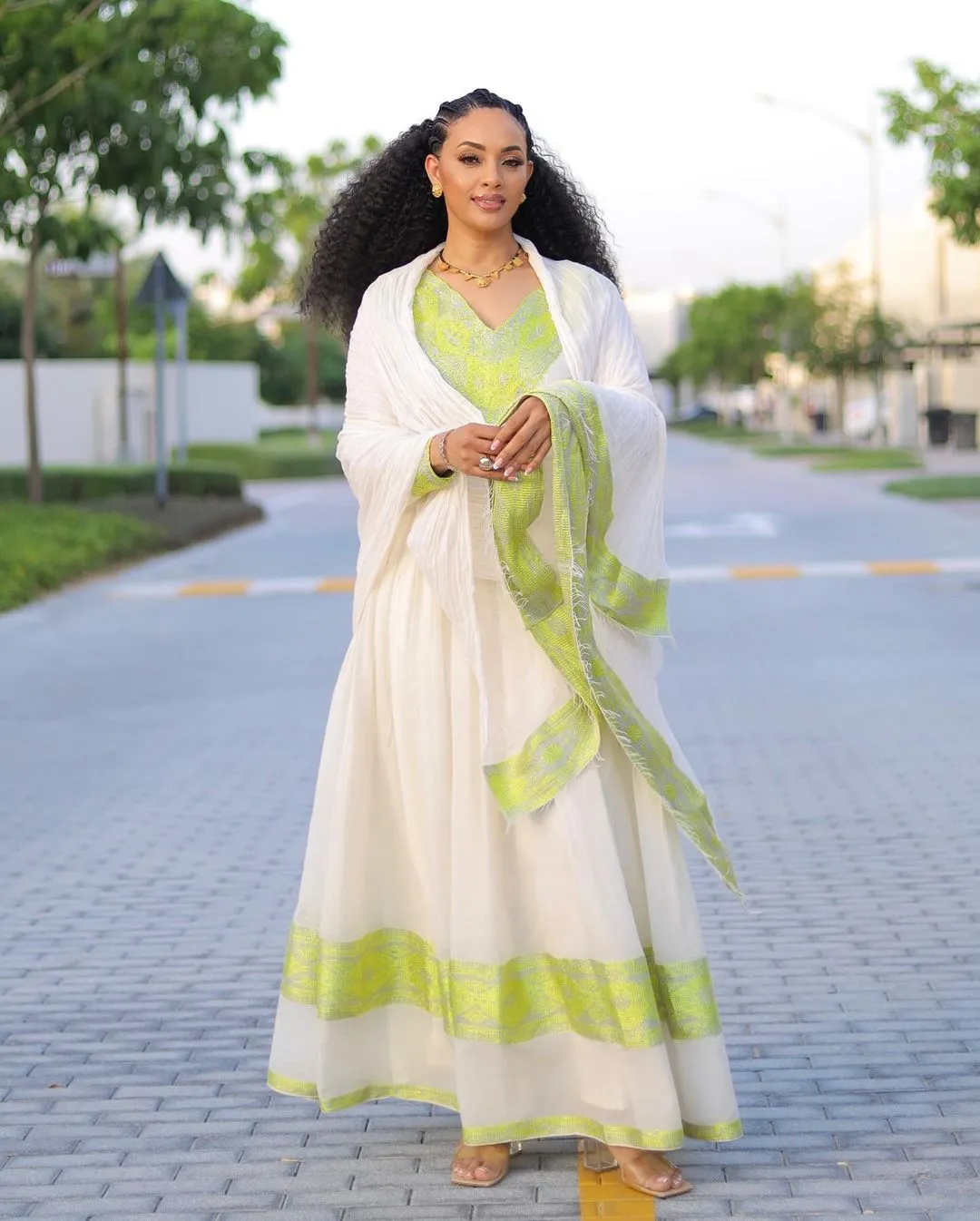 Vibrant Lemon Green Habesha Dress Modern Ethiopian Dress