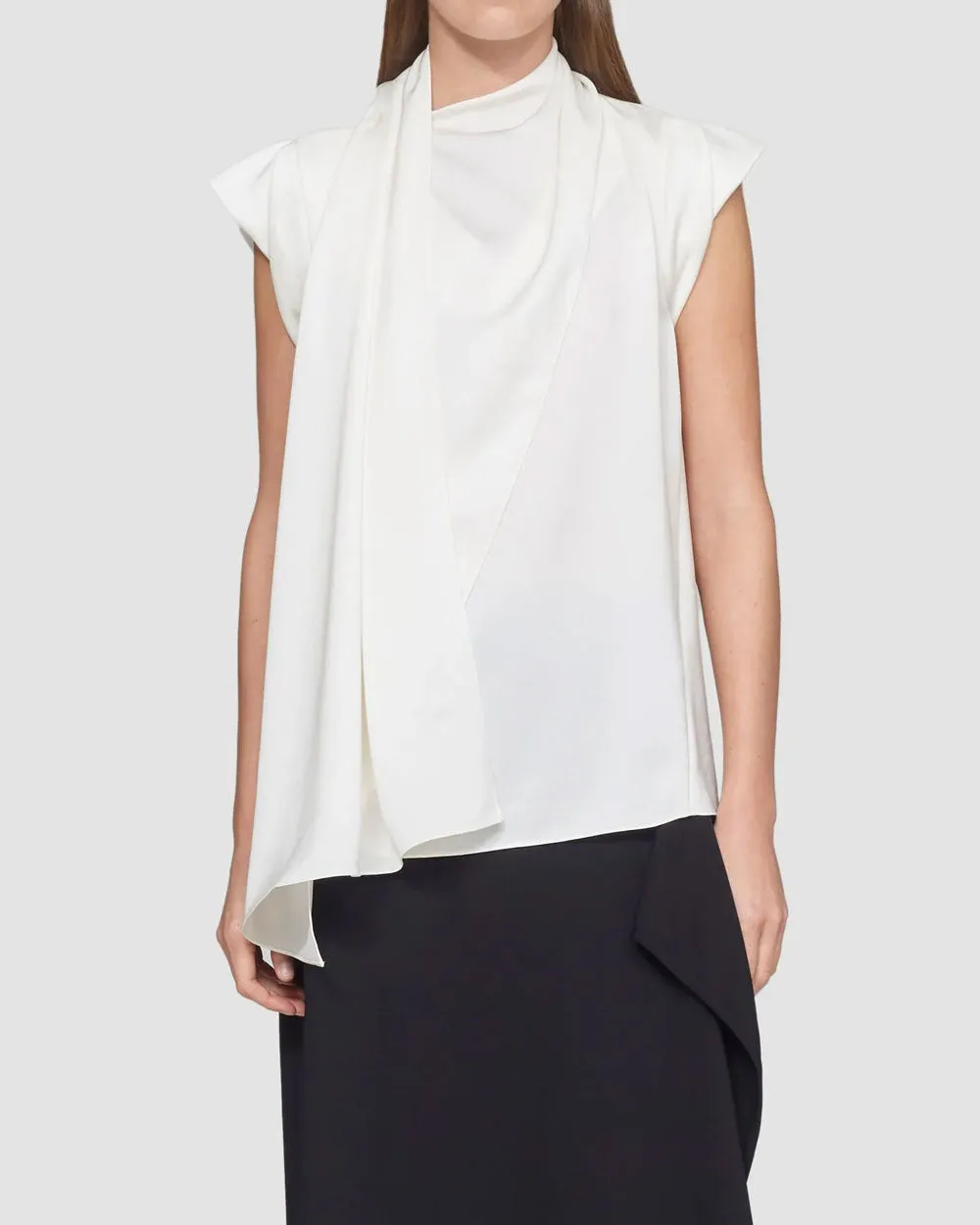 White Satin Scarf Neck Twisted Sleeve Blouse