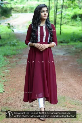 Wine Flared Frock With Crochet Lace Detailing