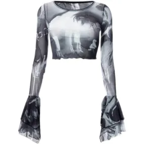 Witch Clothing Aesthetic Flared Sleeves Mesh Top