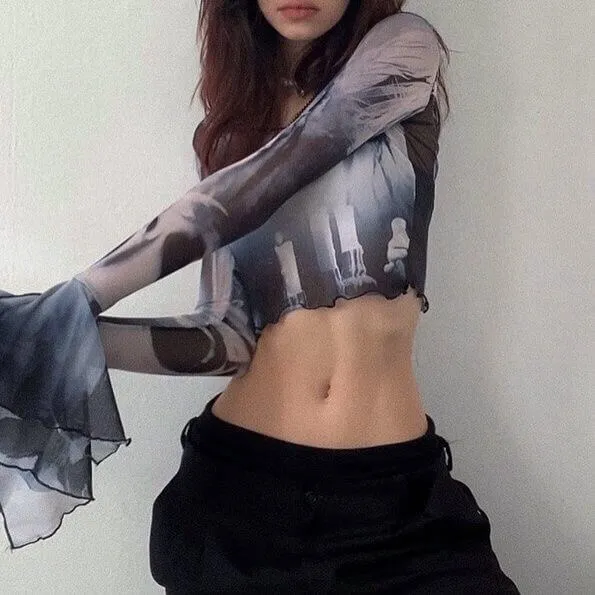 Witch Clothing Aesthetic Flared Sleeves Mesh Top
