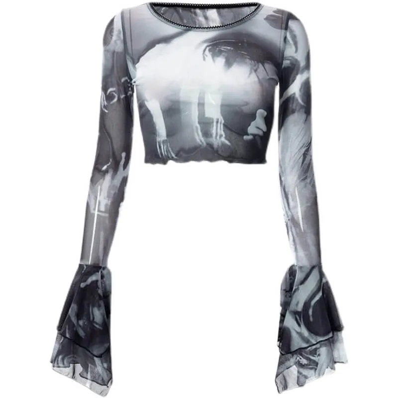 Witch Clothing Aesthetic Flared Sleeves Mesh Top