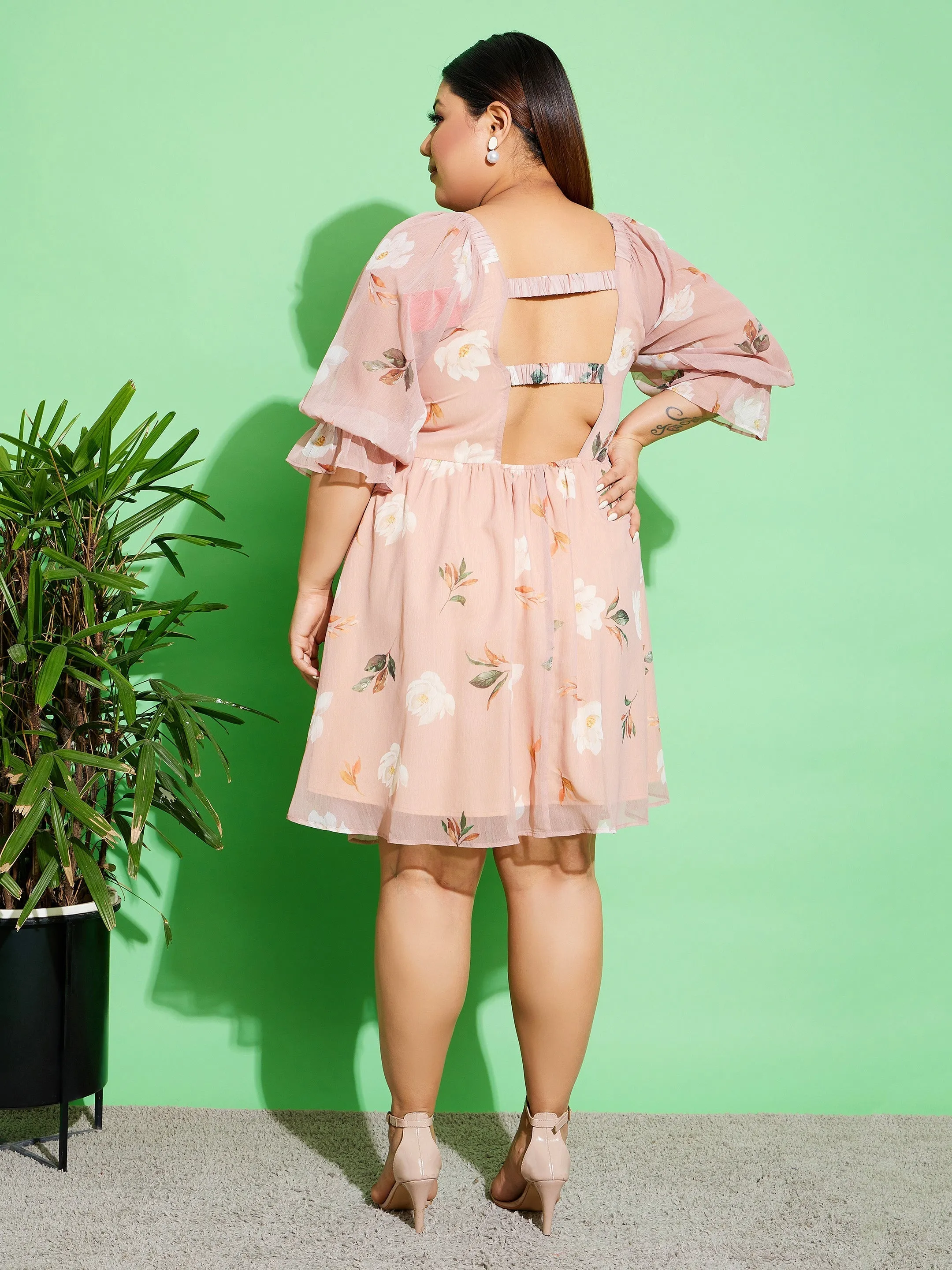 Women Beige Floral Chiffon Back Detail Skater Dress