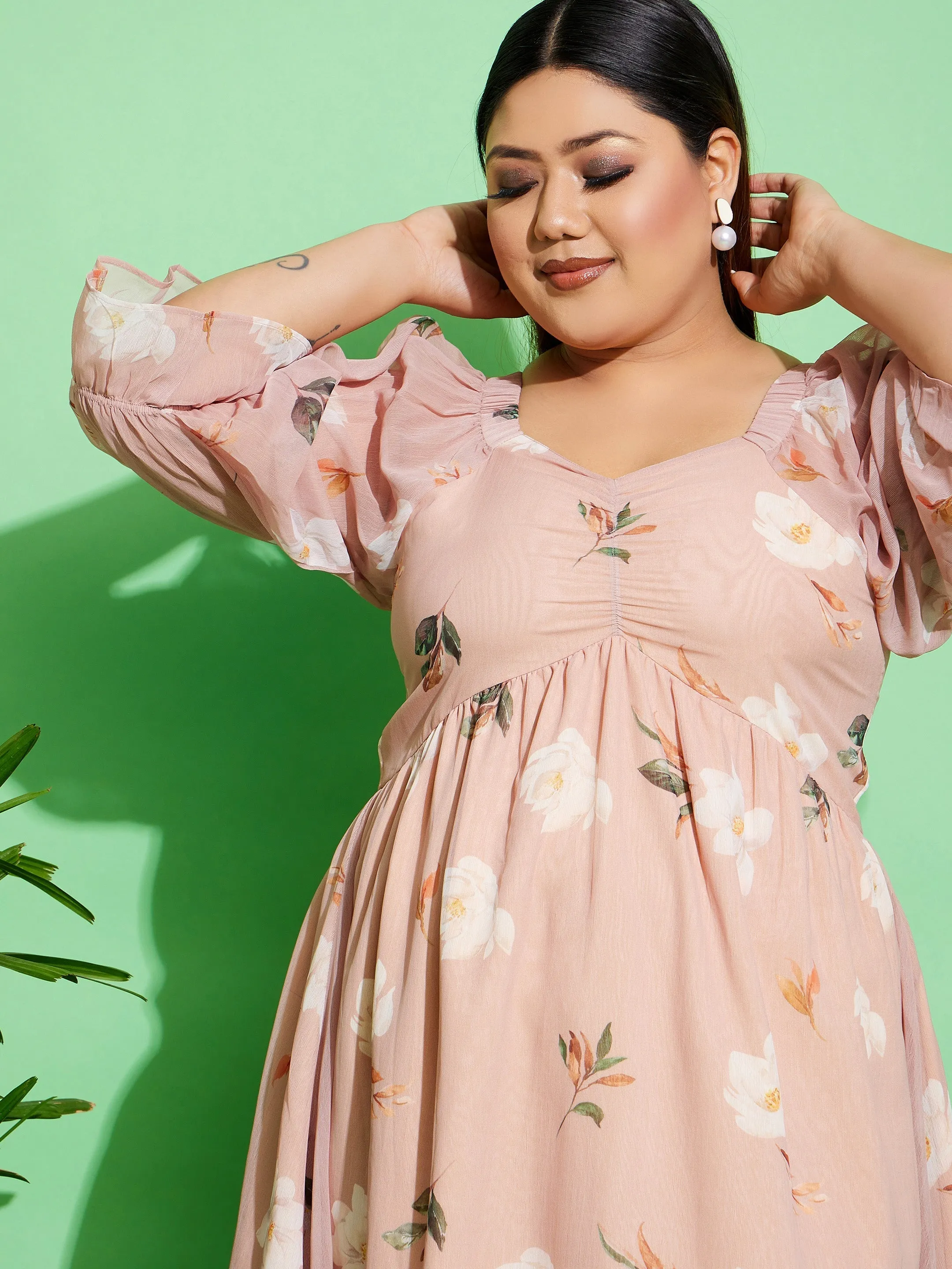 Women Beige Floral Chiffon Back Detail Skater Dress