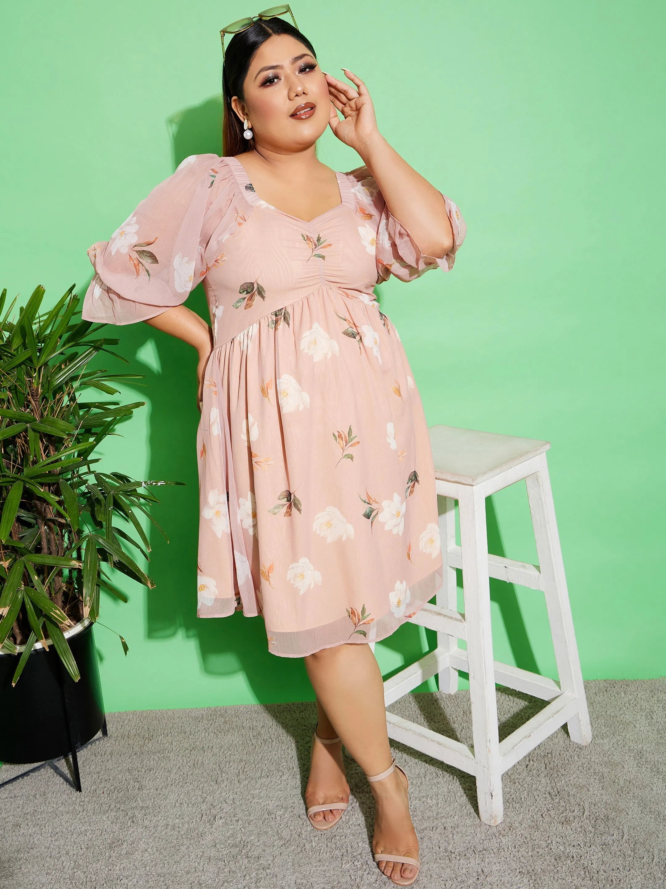 Women Beige Floral Chiffon Back Detail Skater Dress