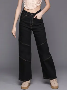 Women Black Contrast Stitch Detail Straight Jeans