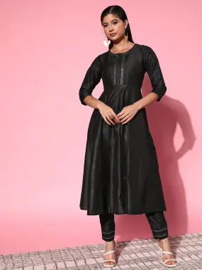 Women Black Mirror Embroidered Anarkali Kurta
