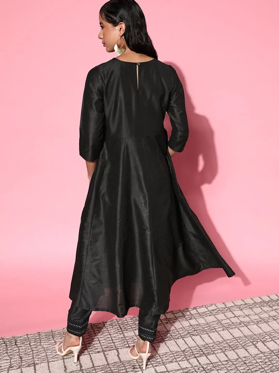 Women Black Mirror Embroidered Anarkali Kurta