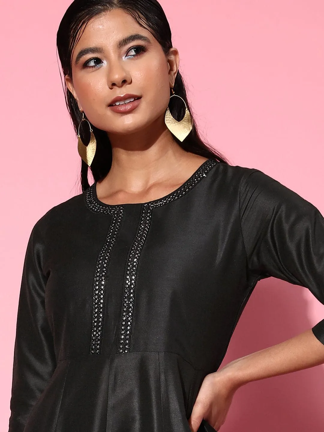 Women Black Mirror Embroidered Anarkali Kurta