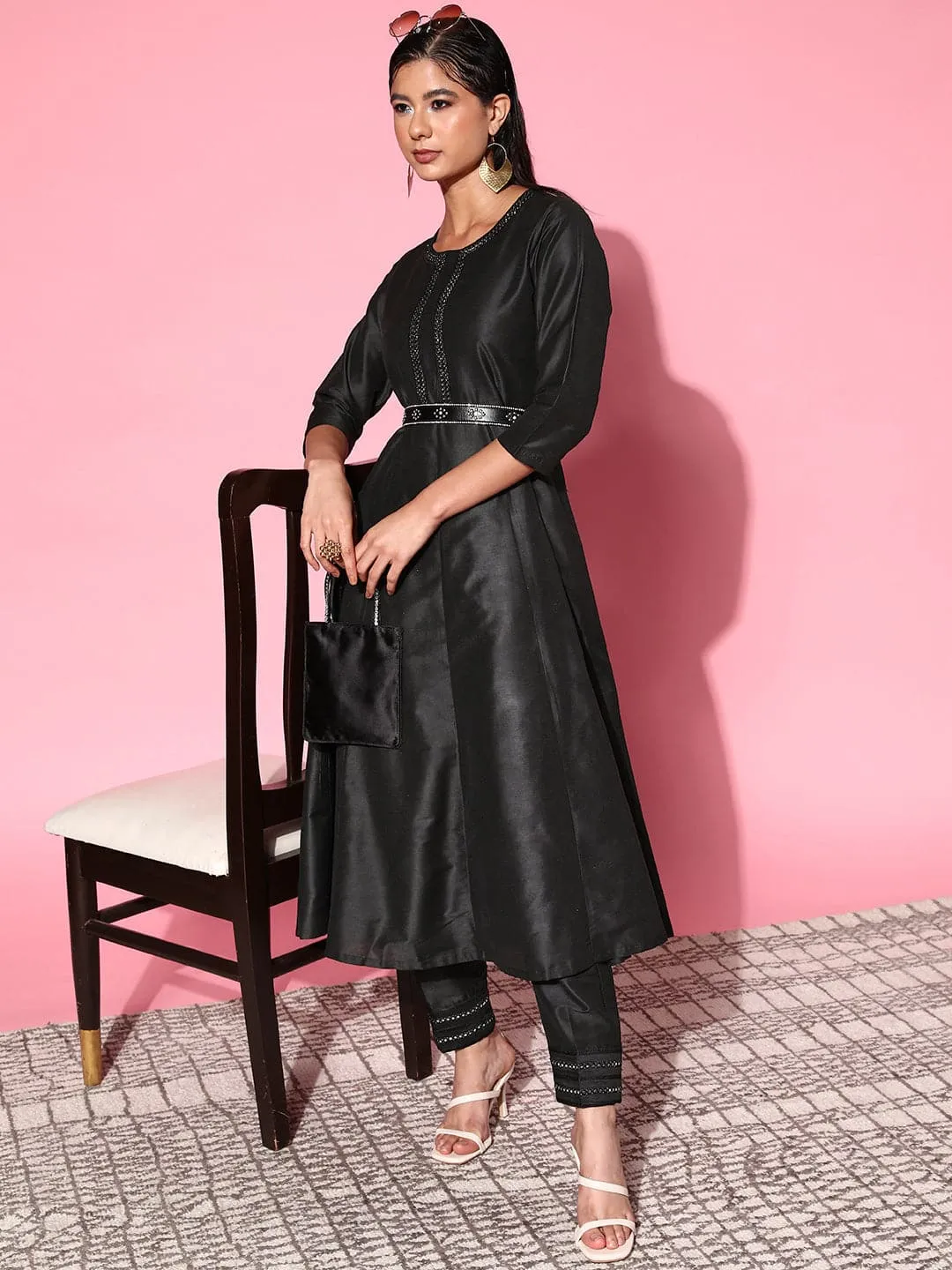 Women Black Mirror Embroidered Anarkali Kurta