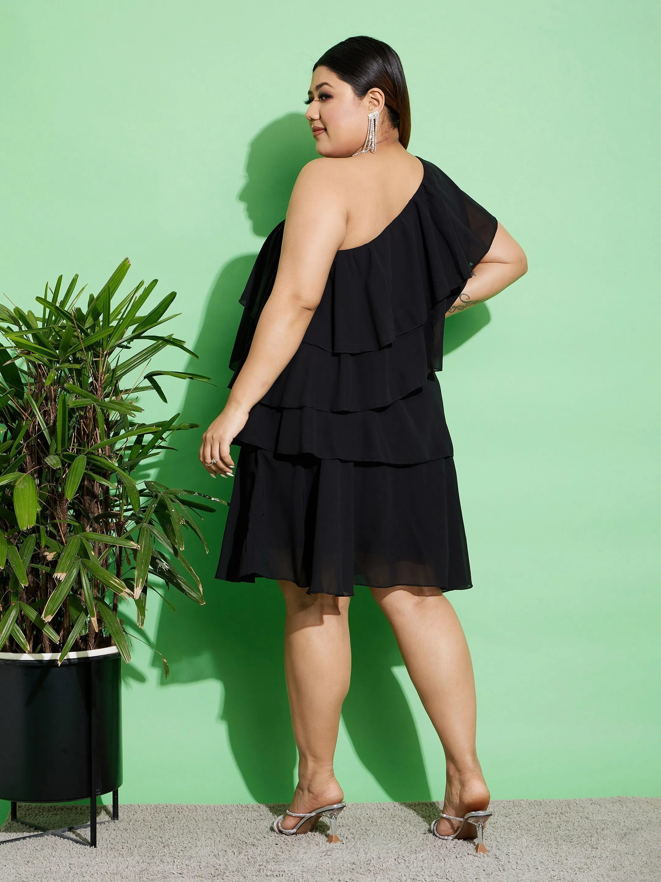 Women Black One Shoulder Frill Dress