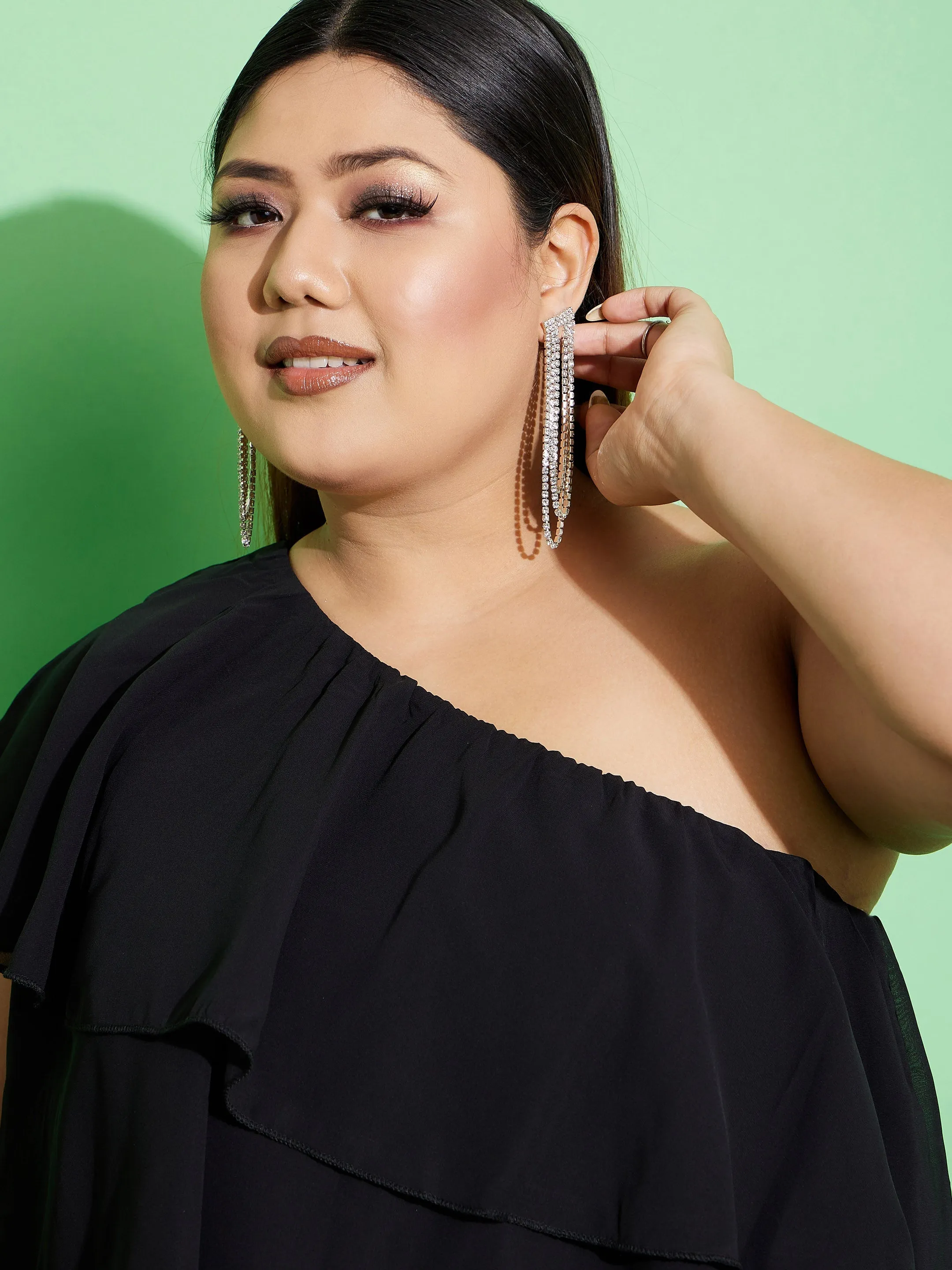 Women Black One Shoulder Frill Dress