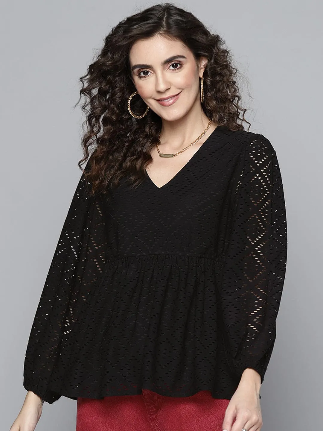 Women Black Schiffli V Neck Peplum Top
