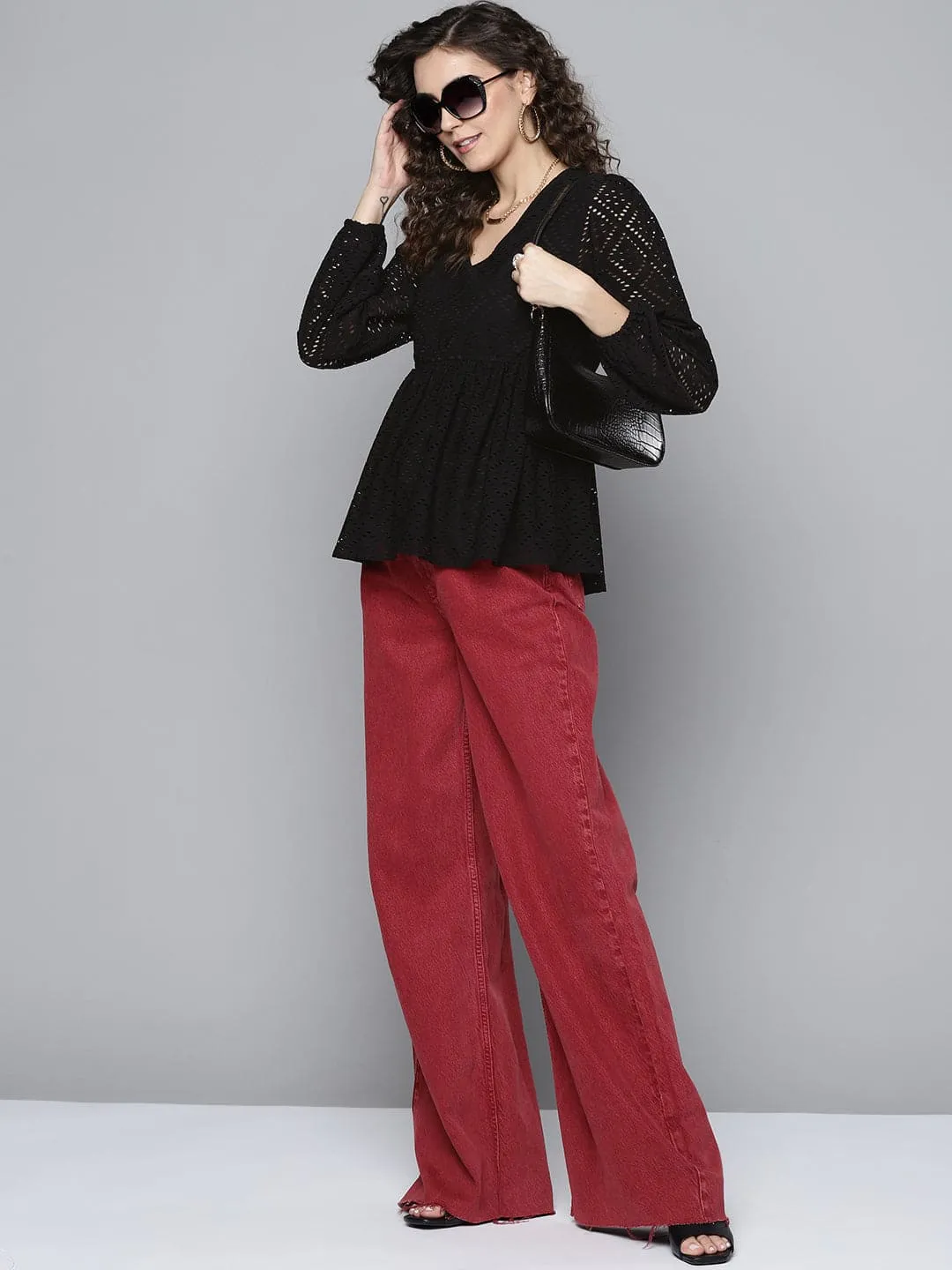 Women Black Schiffli V Neck Peplum Top