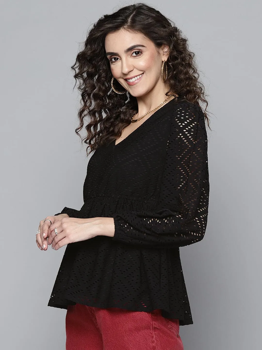Women Black Schiffli V Neck Peplum Top