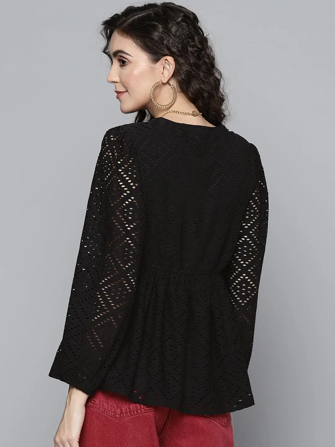 Women Black Schiffli V Neck Peplum Top