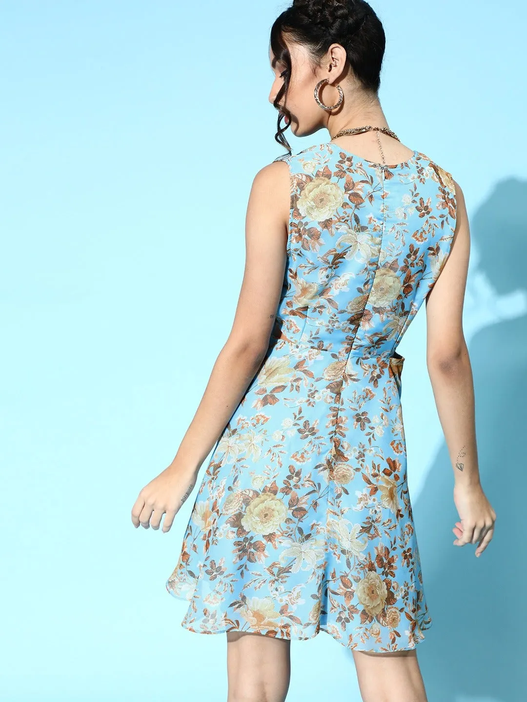 Women Blue Floral Organza Side Cut Out Dress