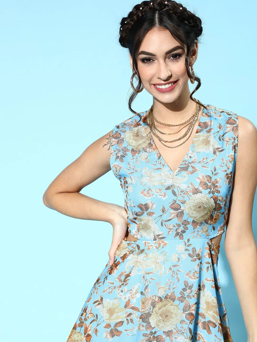 Women Blue Floral Organza Side Cut Out Dress