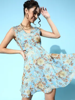 Women Blue Floral Organza Side Cut Out Dress