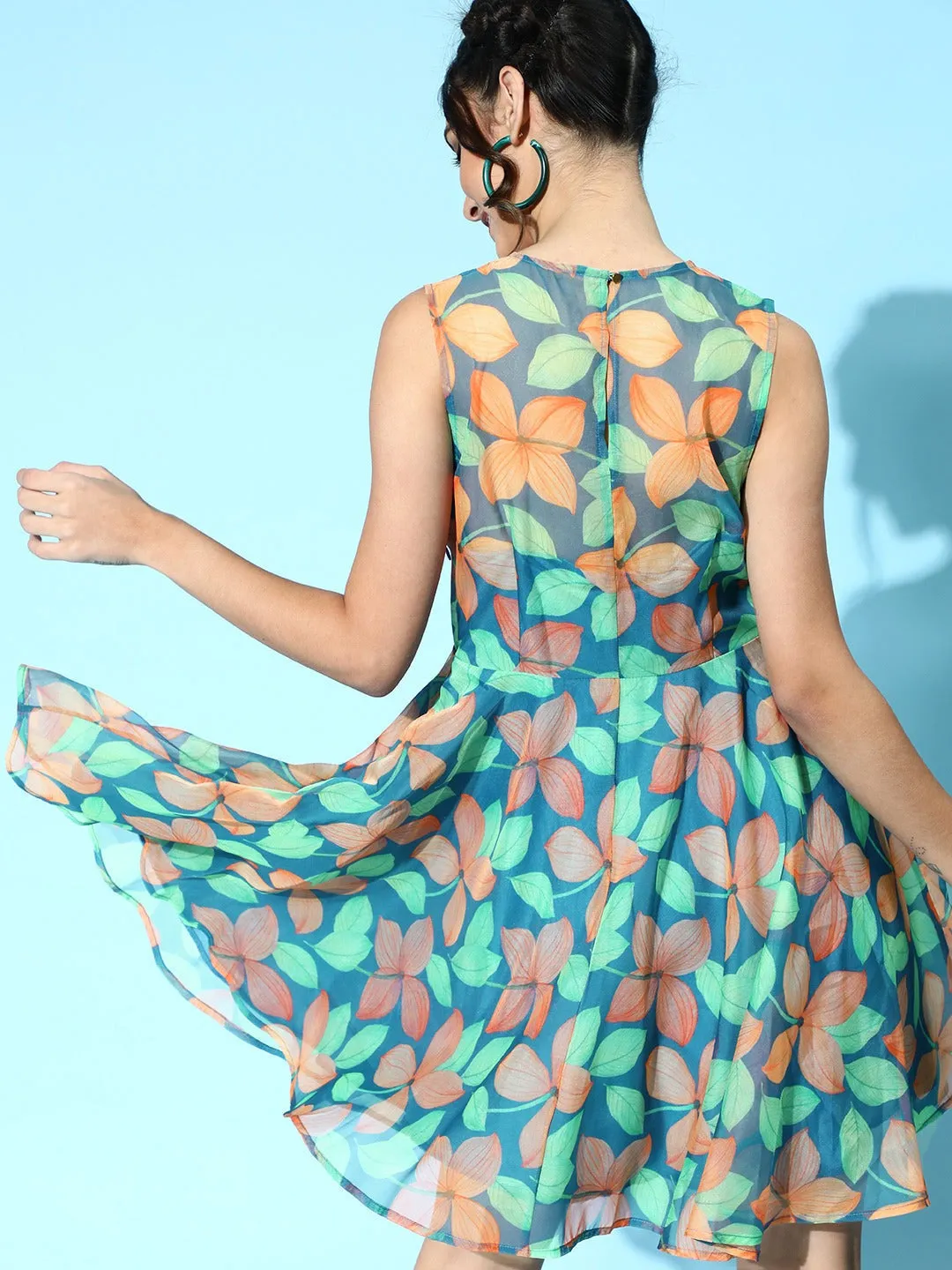 Women Blue Floral Organza Sleeveless Skater Dress