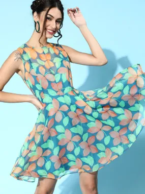 Women Blue Floral Organza Sleeveless Skater Dress