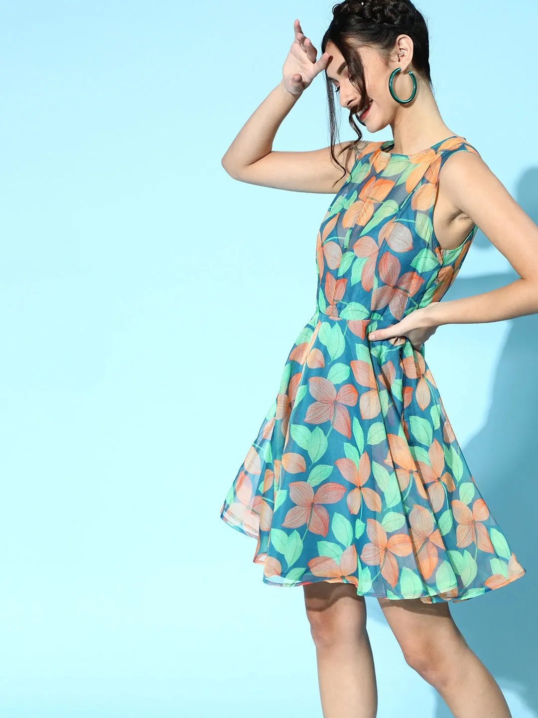 Women Blue Floral Organza Sleeveless Skater Dress
