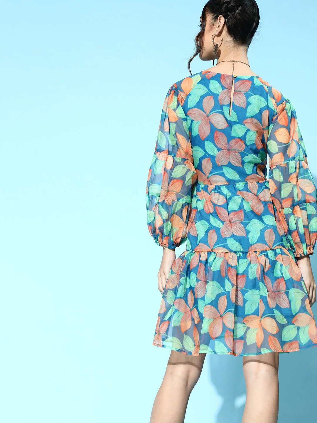 Women Blue Floral Organza Tiered Short Dress
