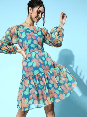 Women Blue Floral Organza Tiered Short Dress