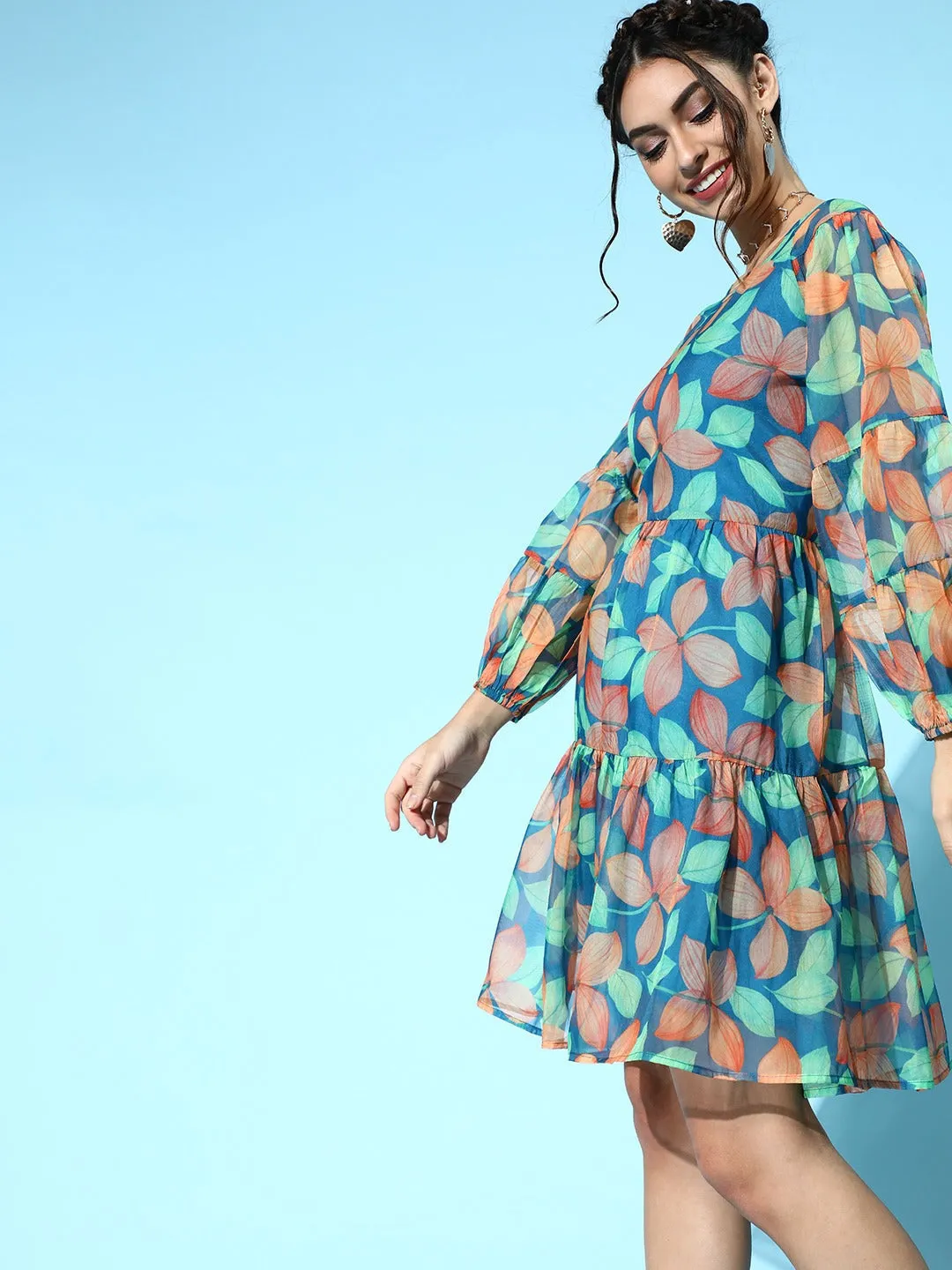 Women Blue Floral Organza Tiered Short Dress