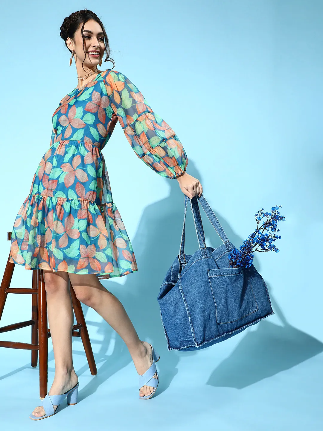 Women Blue Floral Organza Tiered Short Dress