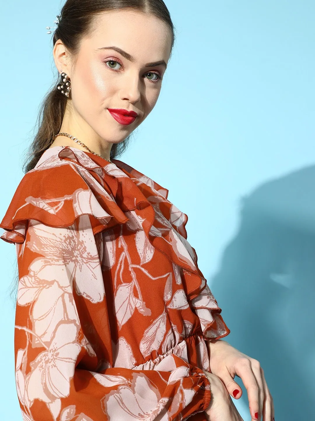 Women Brown Floral Frilly Wrap Top
