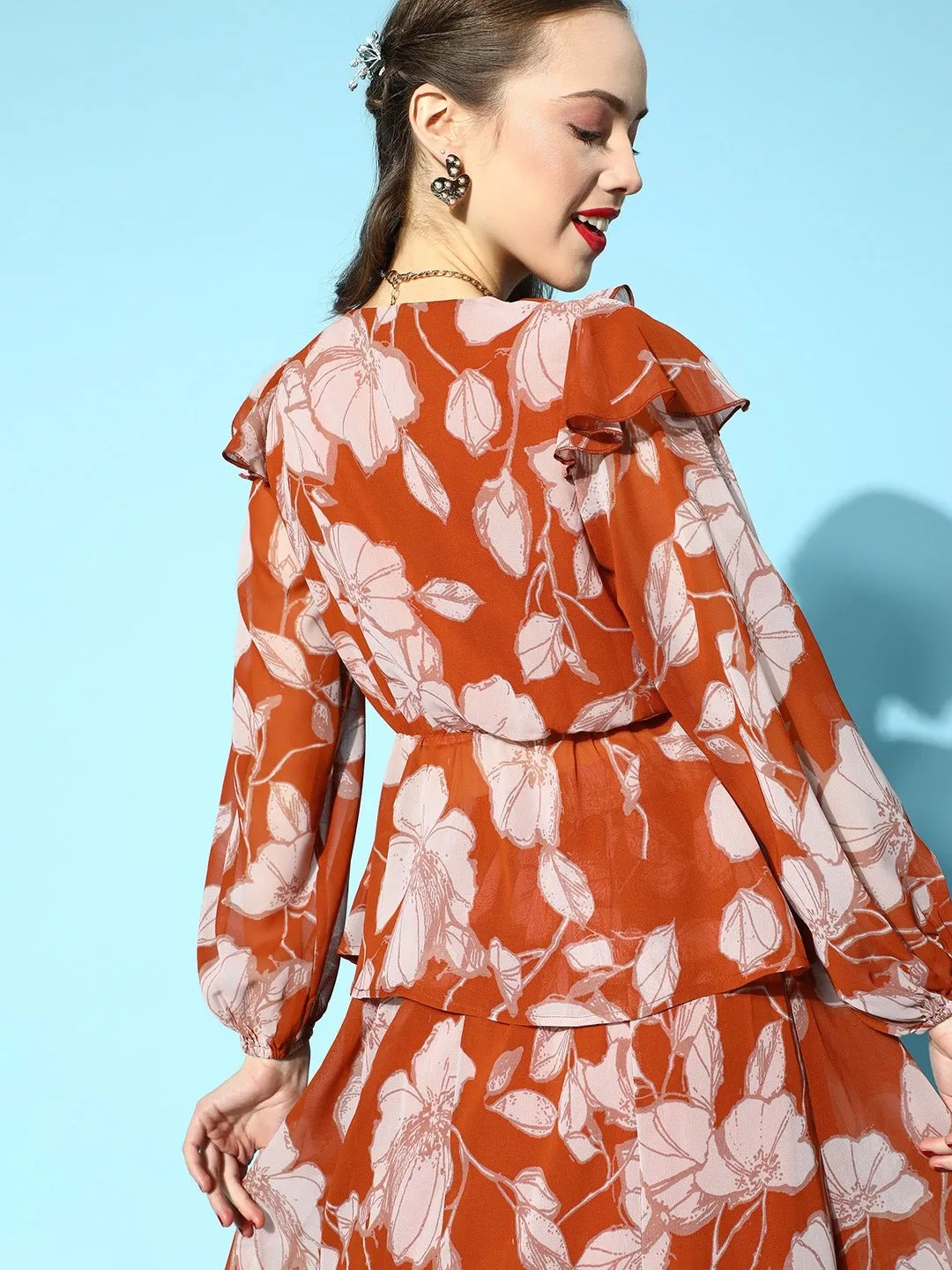 Women Brown Floral Frilly Wrap Top