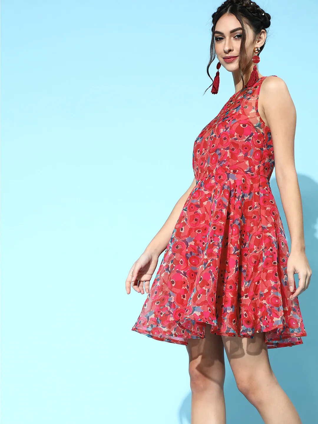 Women Fuchsia Floral Organza Sleeveless Skater Dress