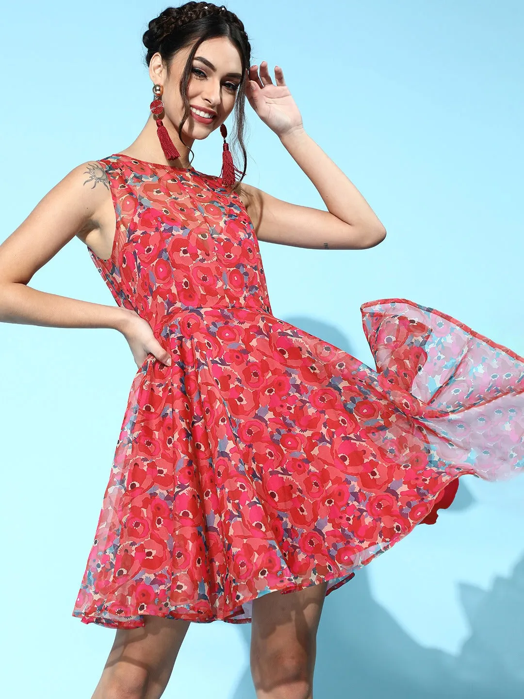 Women Fuchsia Floral Organza Sleeveless Skater Dress