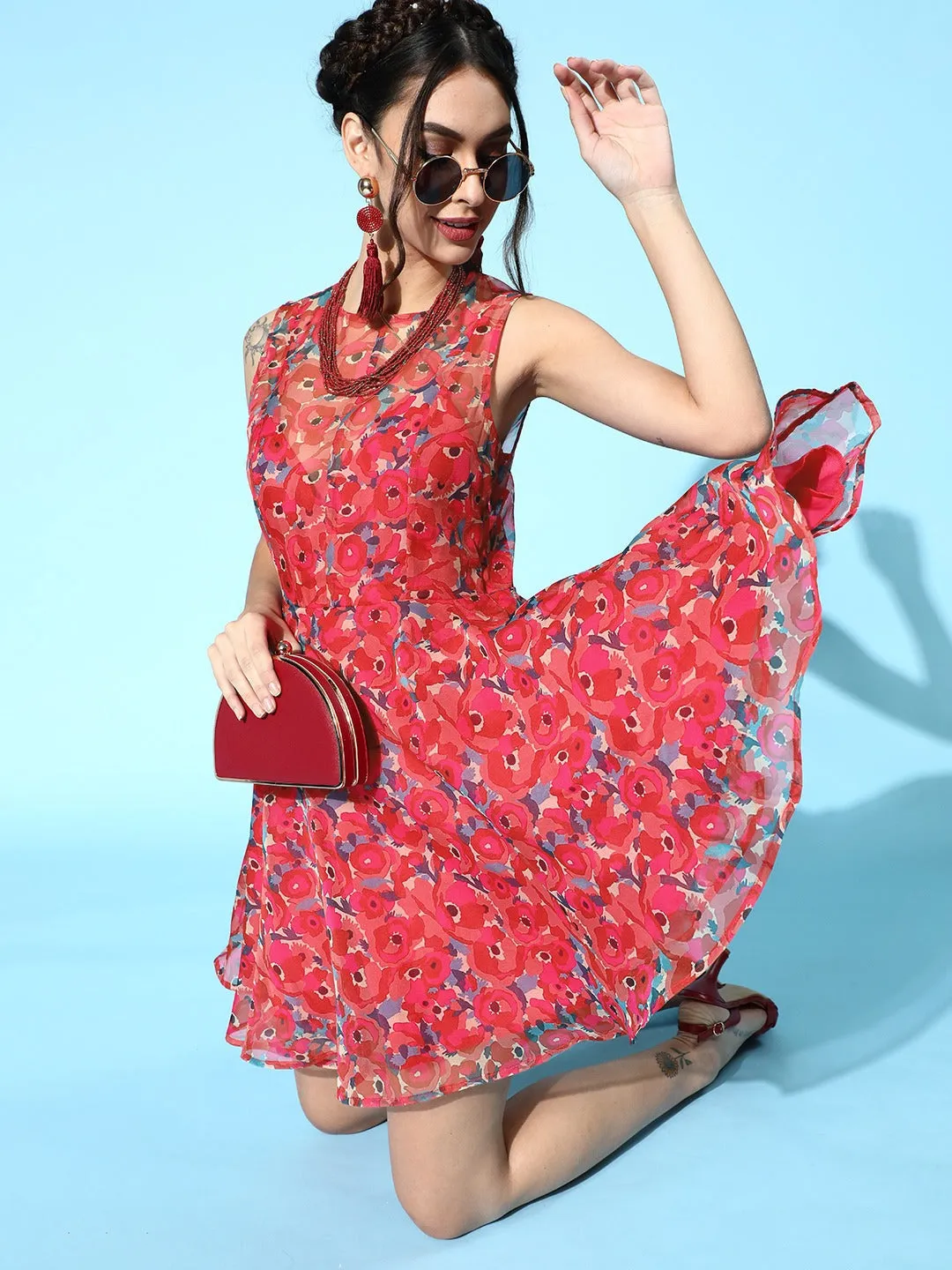 Women Fuchsia Floral Organza Sleeveless Skater Dress