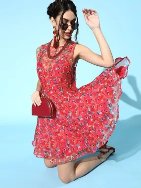 Women Fuchsia Floral Organza Sleeveless Skater Dress