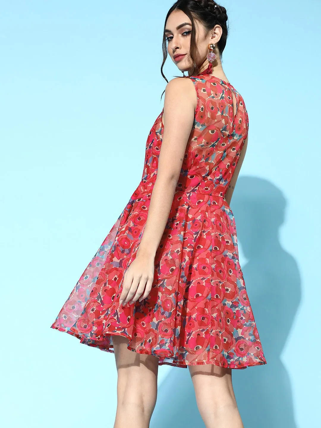 Women Fuchsia Floral Organza Sleeveless Skater Dress