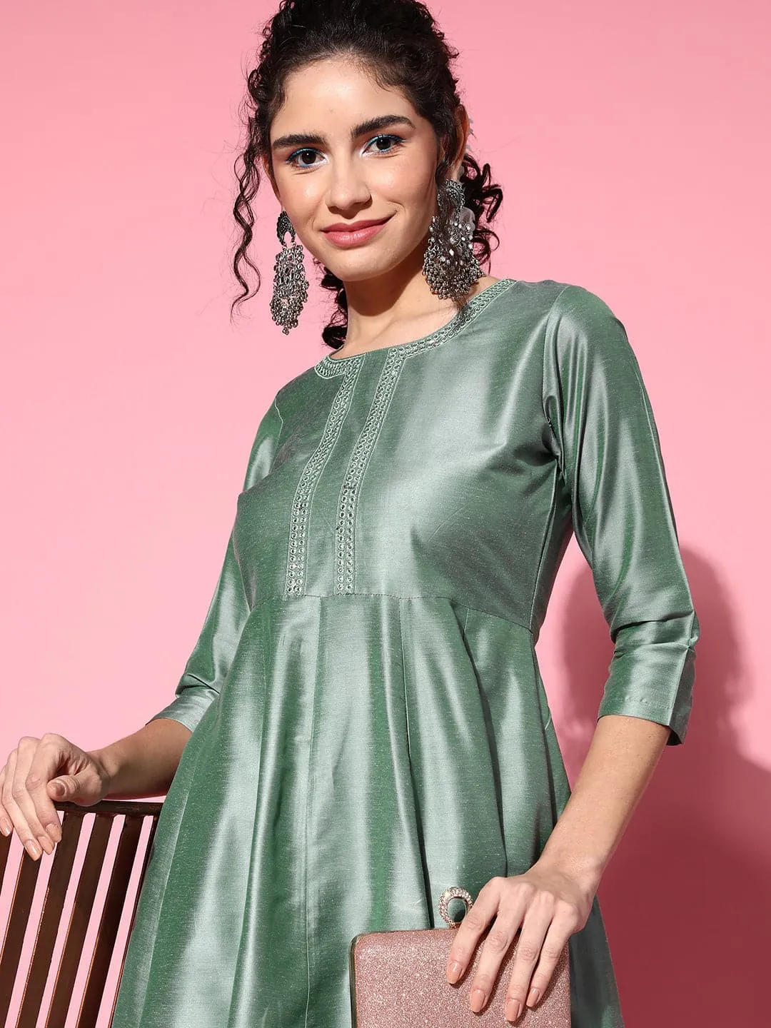 Women Green Mirror Embroidered Anarkali Kurta