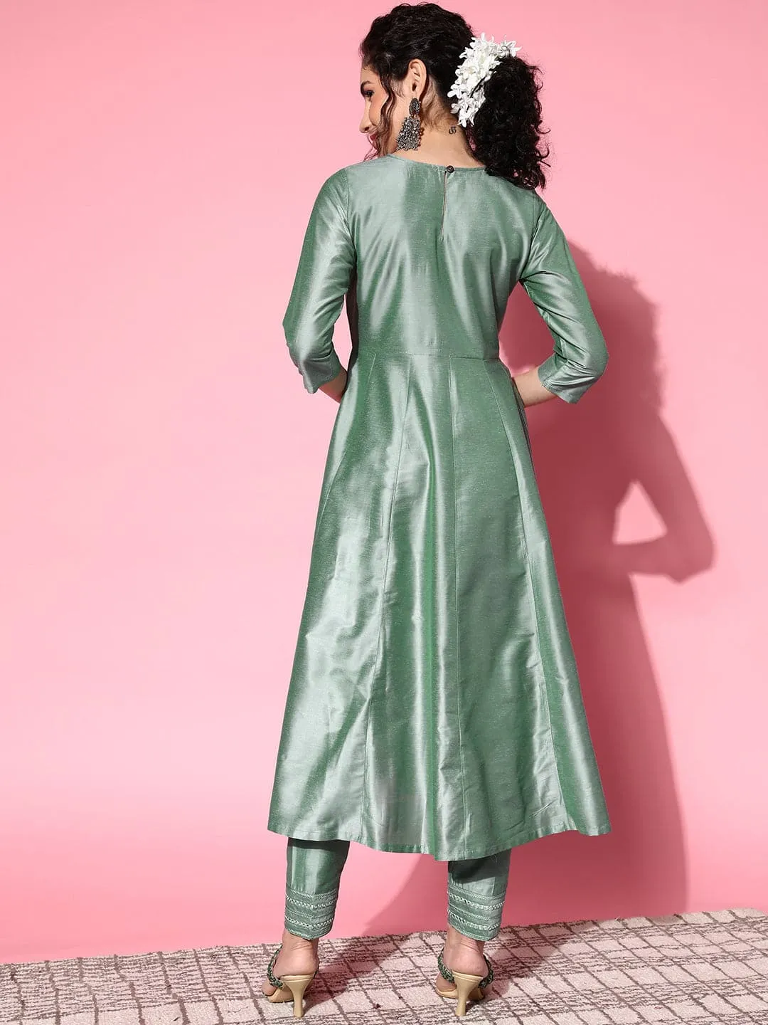 Women Green Mirror Embroidered Anarkali Kurta
