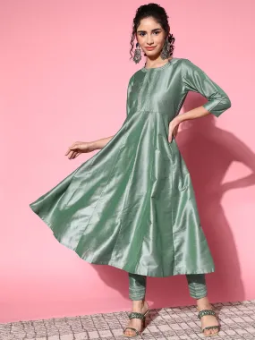 Women Green Mirror Embroidered Anarkali Kurta