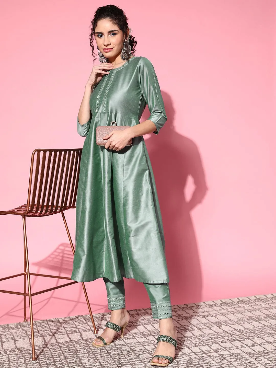 Women Green Mirror Embroidered Anarkali Kurta