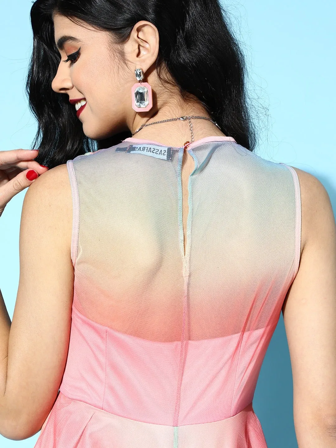 Women Multicolor Rainbow Mesh Peplum Top