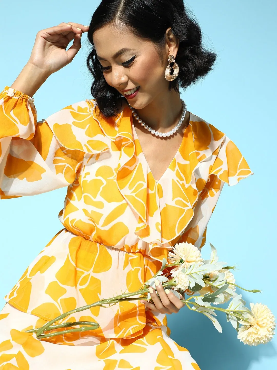 Women Mustard Floral Frilly Wrap Top