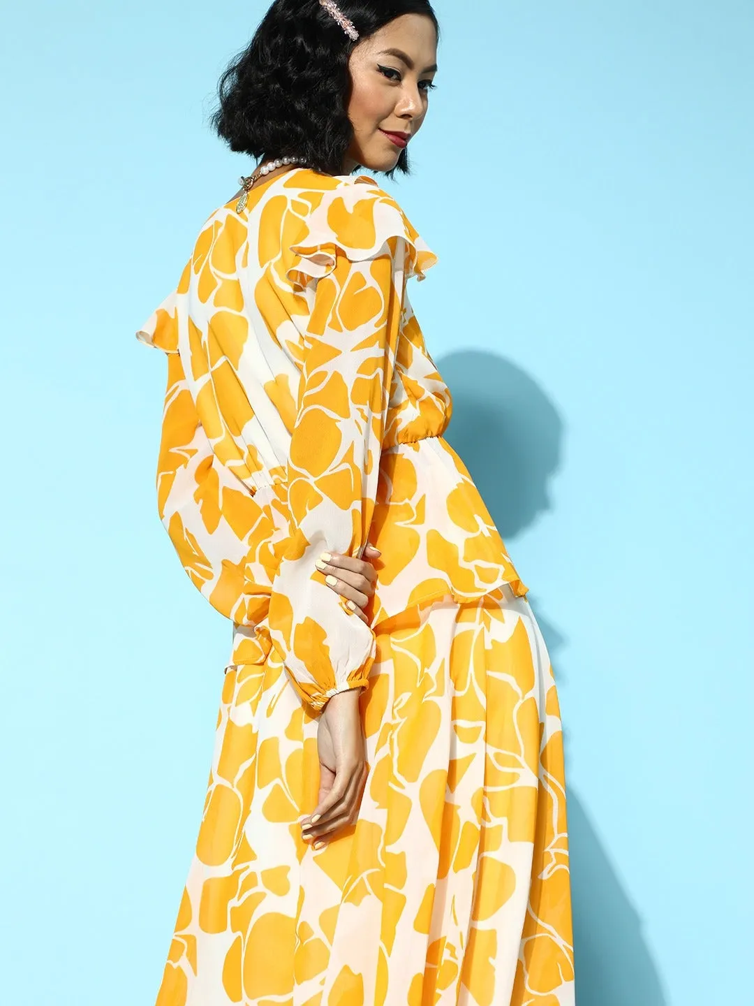 Women Mustard Floral Frilly Wrap Top