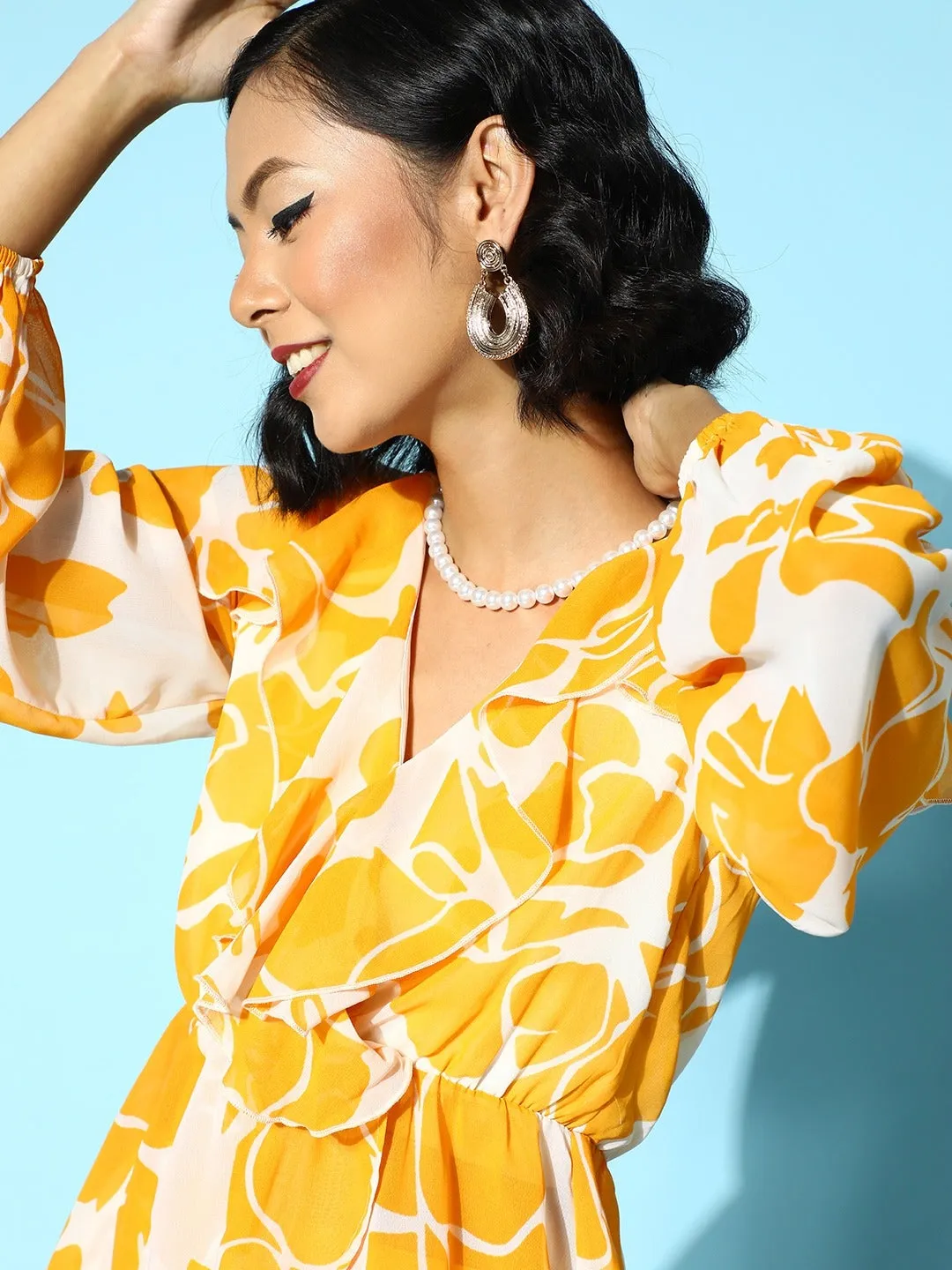 Women Mustard Floral Frilly Wrap Top