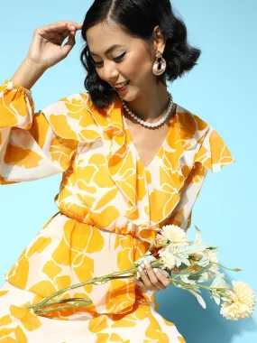 Women Mustard Floral Frilly Wrap Top